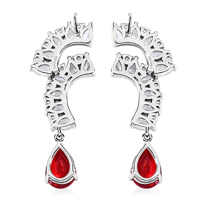 Lustro Stella Finest Red and White CZ Drop Earrings in Rhodium Over Sterling Silver