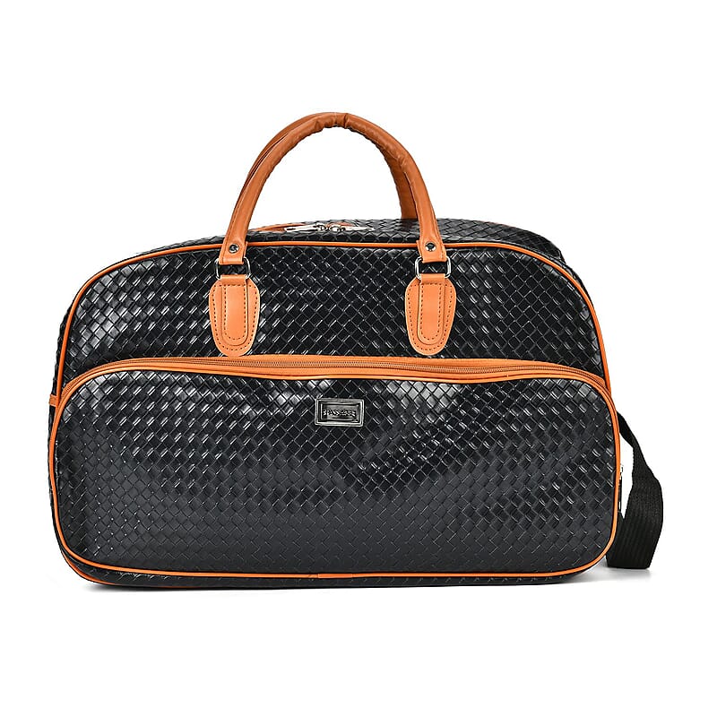 Black Woven Embossed Pattern Faux Leather Travel Bag with Handle Drop and Detachable Shoulder Strap