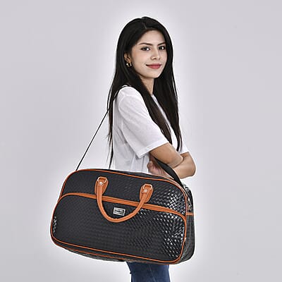 Black Woven Embossed Pattern Faux Leather Travel Bag with Handle Drop and Detachable Shoulder Strap