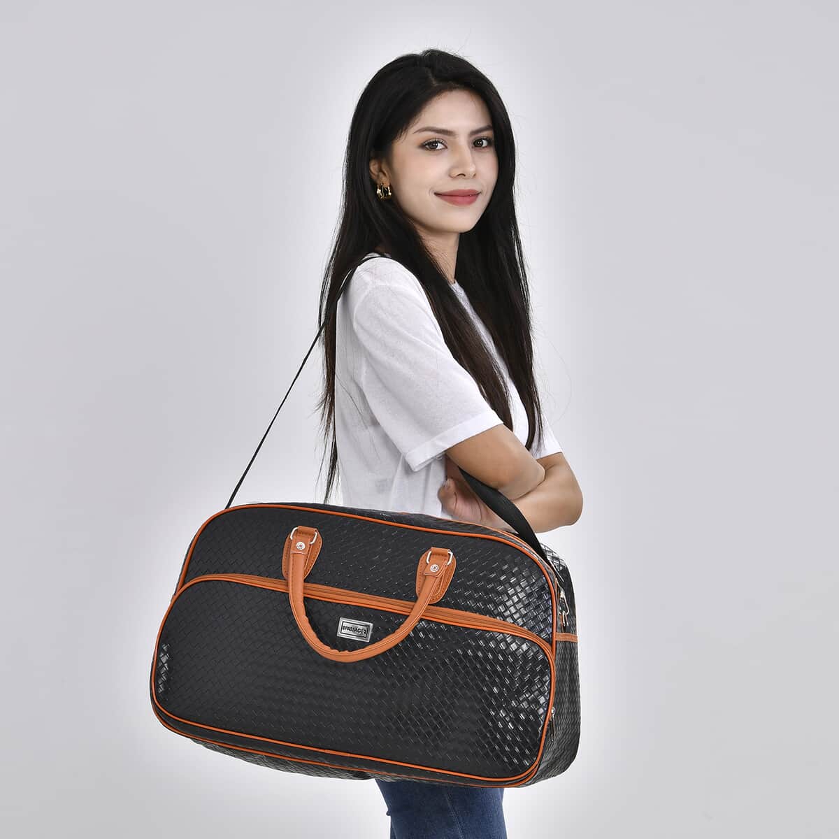 Black Woven Embossed Pattern Faux Leather Travel Bag with Handle Drop and Detachable Shoulder Strap image number 1