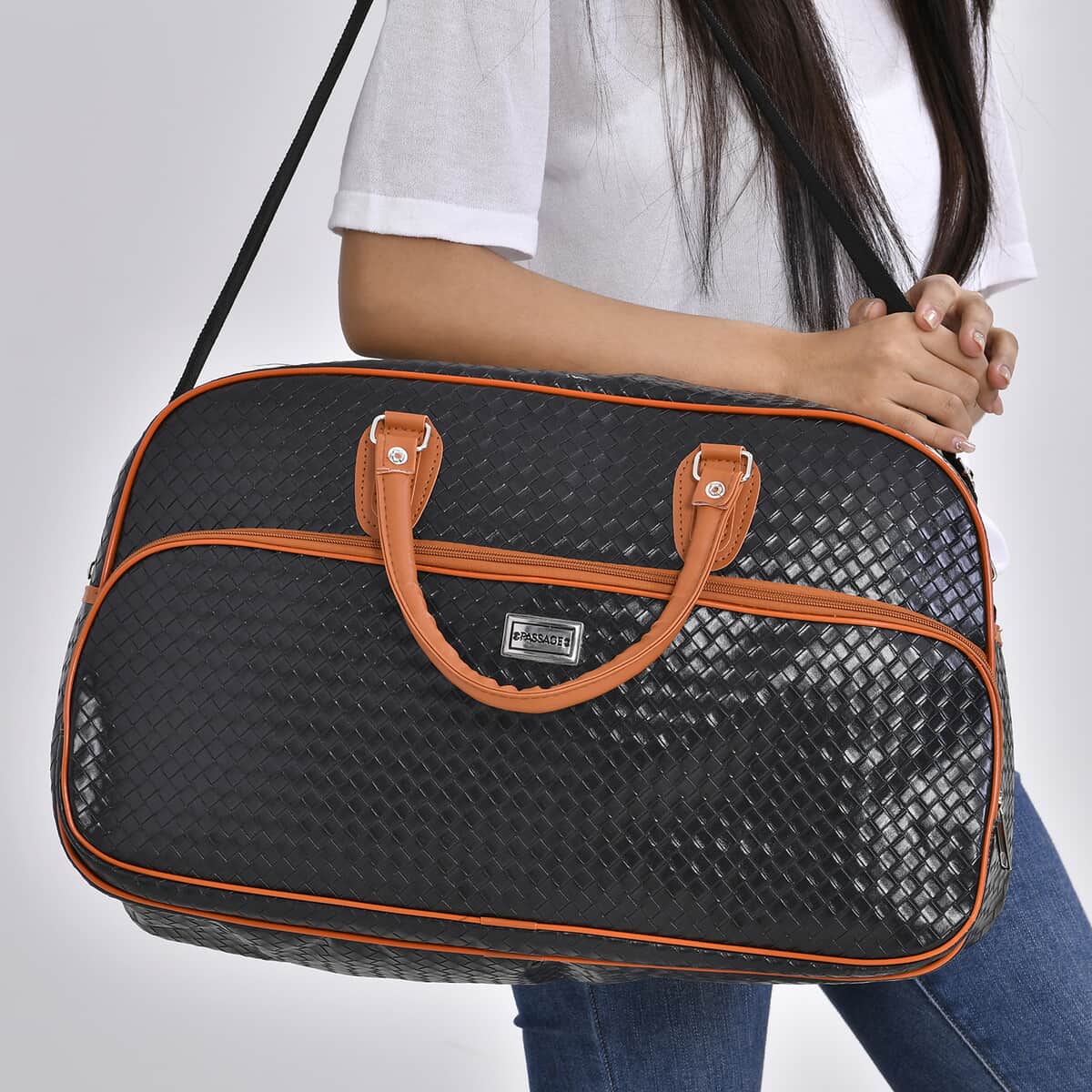 Black Woven Embossed Pattern Faux Leather Travel Bag with Handle Drop and Detachable Shoulder Strap image number 2