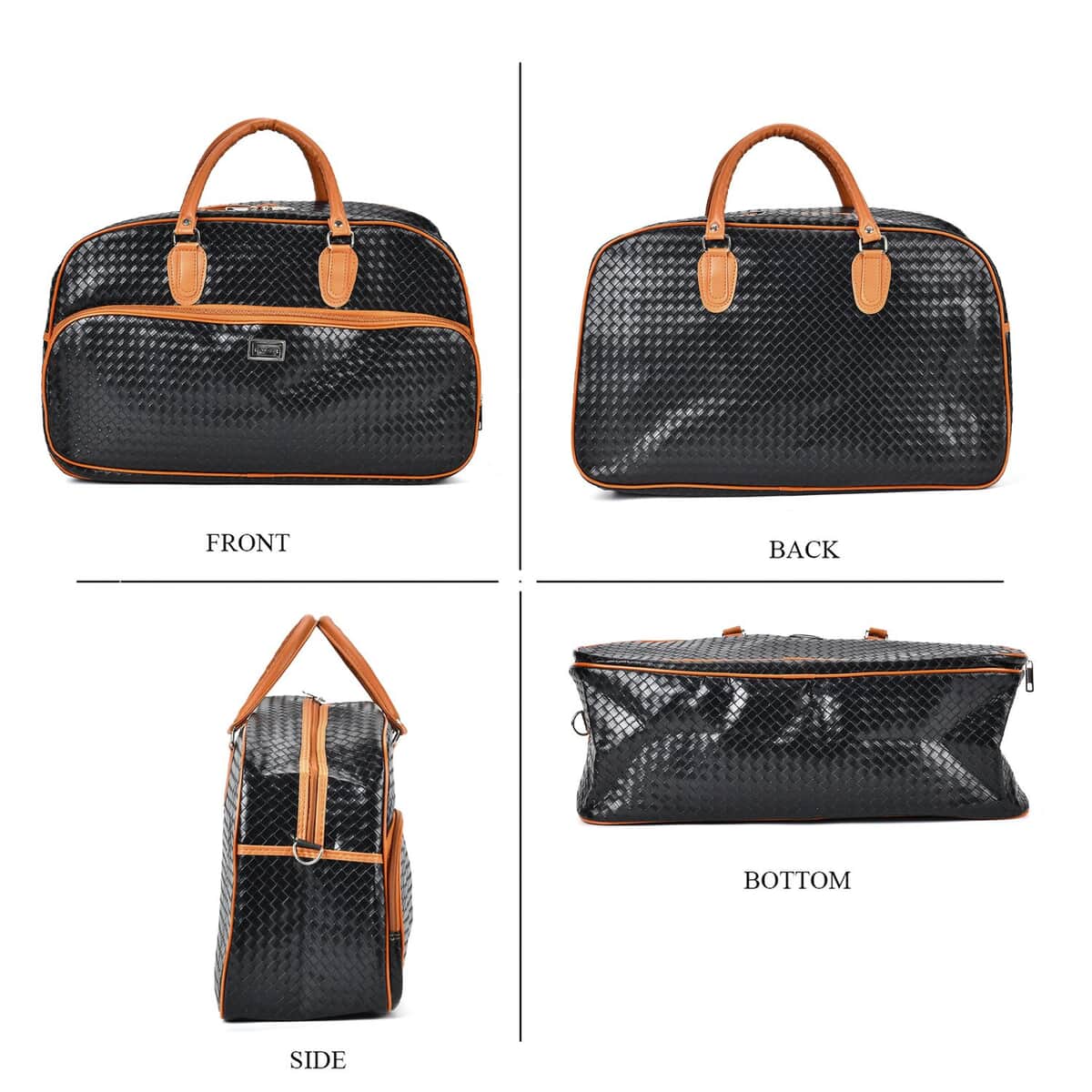 Black Woven Embossed Pattern Faux Leather Travel Bag with Handle Drop and Detachable Shoulder Strap image number 3