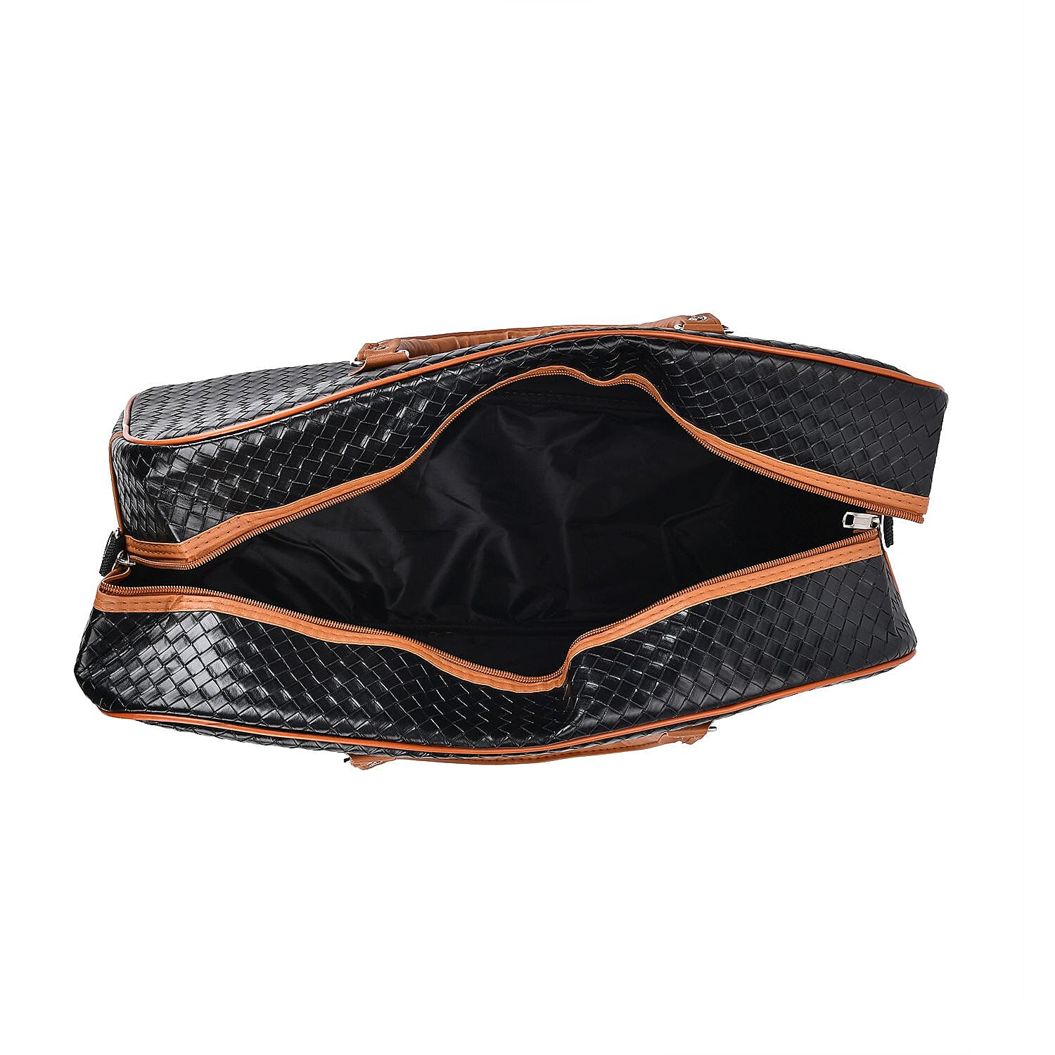 Black Woven Embossed Pattern Faux Leather Travel Bag with Handle Drop and Detachable Shoulder Strap