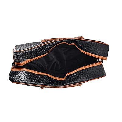 Black Woven Embossed Pattern Faux Leather Travel Bag with Handle Drop and Detachable Shoulder Strap