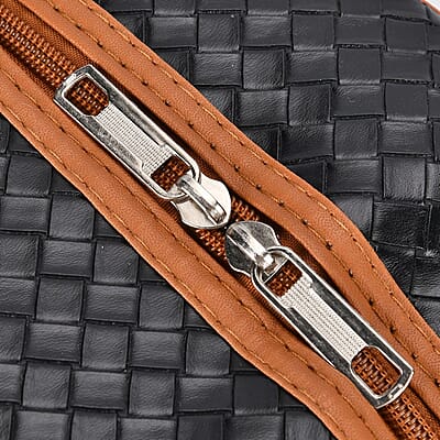 Black Woven Embossed Pattern Faux Leather Travel Bag with Handle Drop and Detachable Shoulder Strap