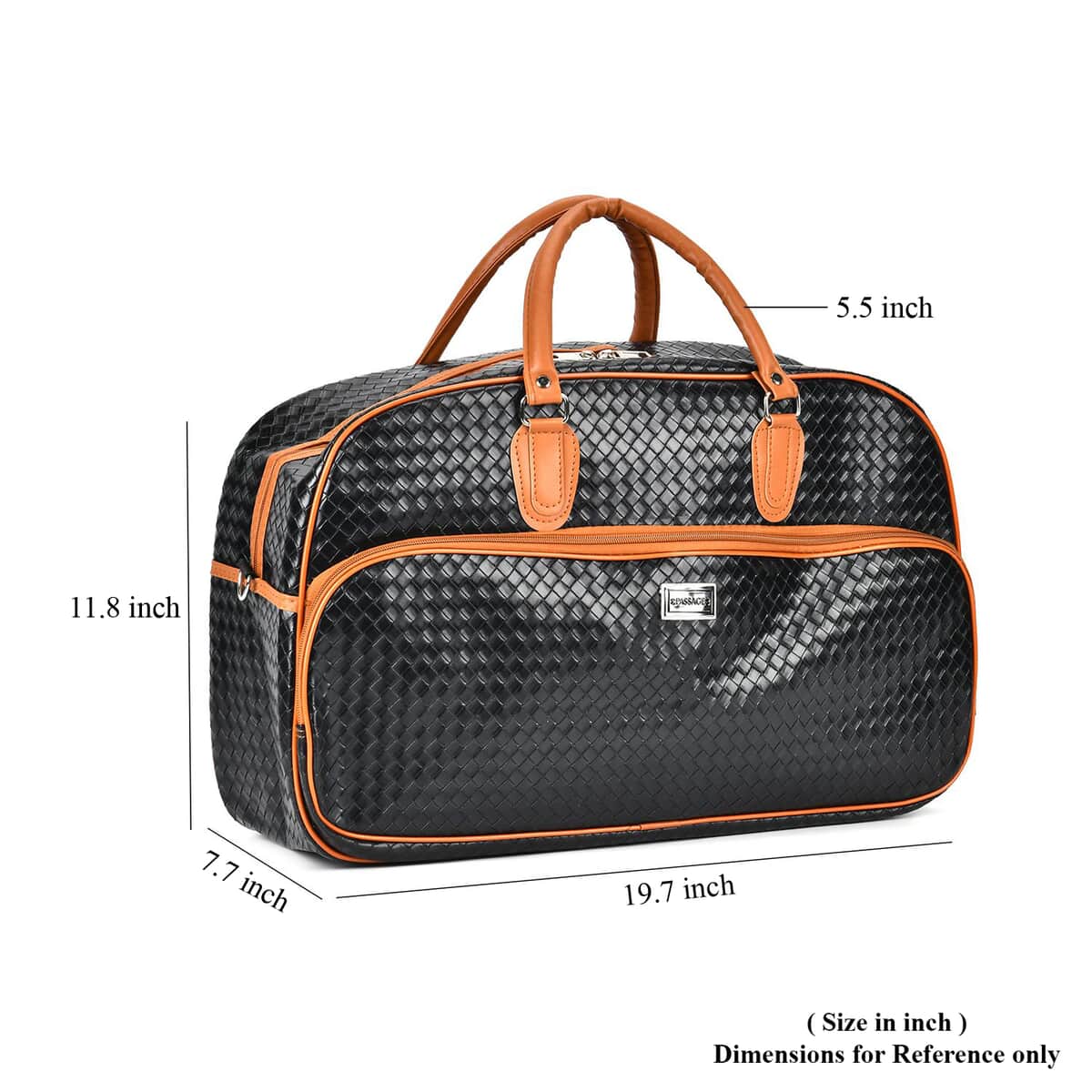Black Woven Embossed Pattern Faux Leather Travel Bag with Handle Drop and Detachable Shoulder Strap image number 6
