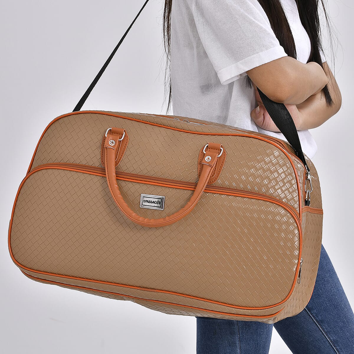 Khaki Woven Embossed Pattern Faux Leather Travel Bag with Handle Drop and Detachable Shoulder Strap image number 2