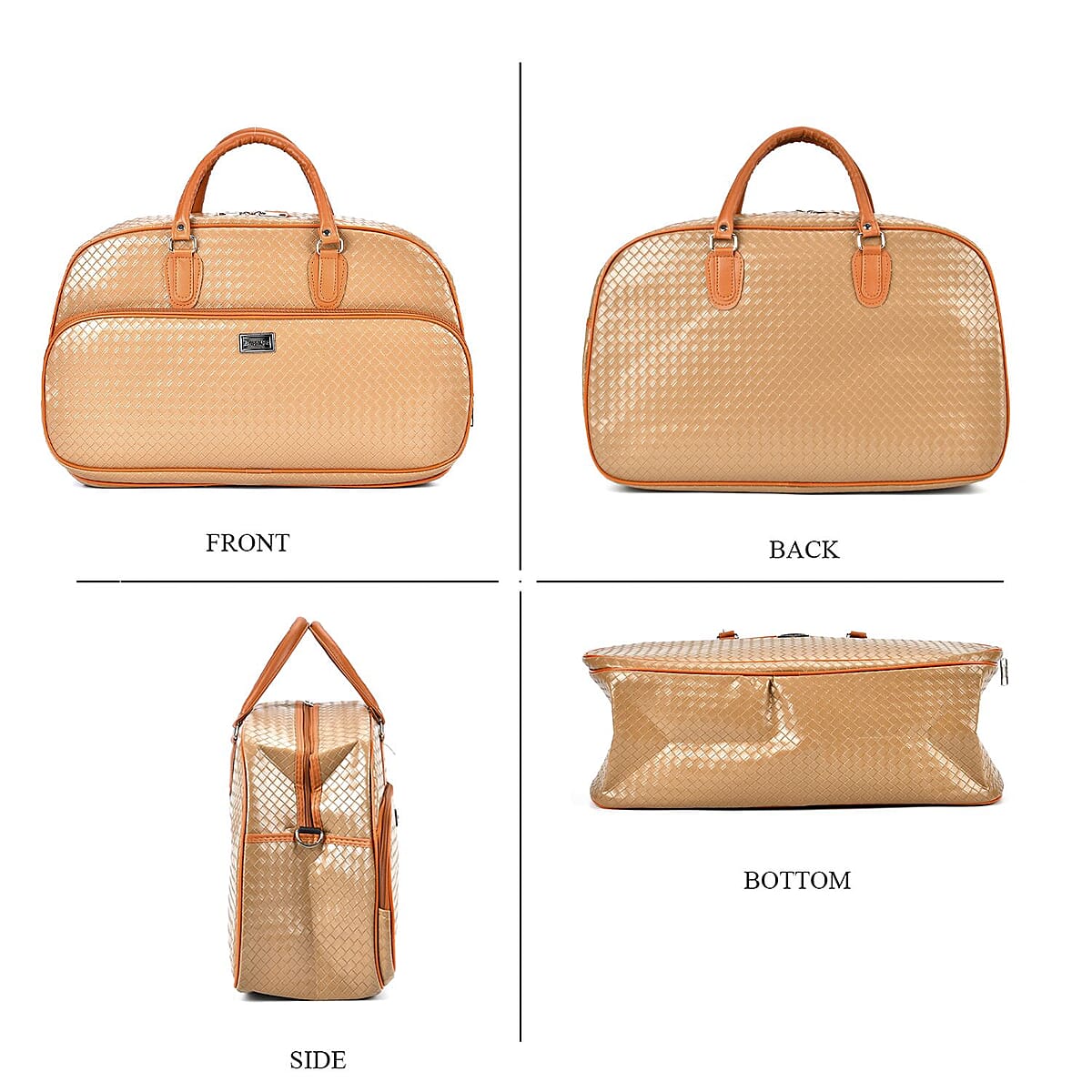 Khaki Woven Embossed Pattern Faux Leather Travel Bag with Handle Drop and Detachable Shoulder Strap image number 3