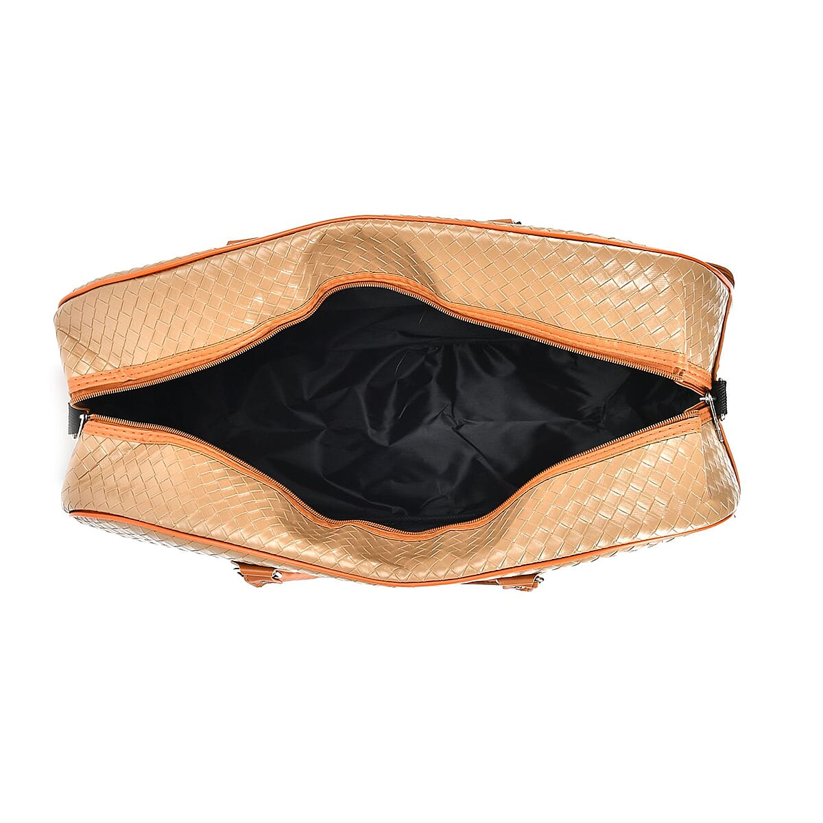 Khaki Woven Embossed Pattern Faux Leather Travel Bag with Handle Drop and Detachable Shoulder Strap image number 4