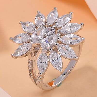Lustro Stella Finest CZ Floral Ring in Rhodium Over Sterling Silver (Size 6.0)