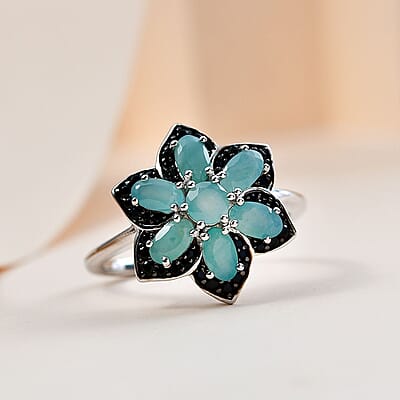 Grandidierite and Thai Black Spinel Floral Ring in Platinum Over Sterling Silver (Size 10.0) 2.15 ctw