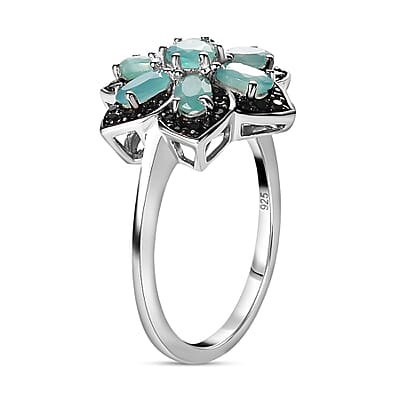Grandidierite and Thai Black Spinel Floral Ring in Platinum Over Sterling Silver (Size 10.0) 2.15 ctw