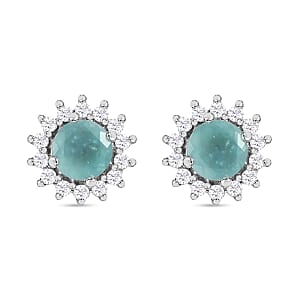 Grandidierite and White Zircon Sunburst Stud Earrings in Platinum Over Sterling Silver 1.40 ctw