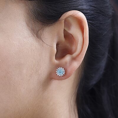 D'Joy Grandidierite and White Zircon Sunburst Stud Earrings in Platinum Over Sterling Silver 1.40 ctw