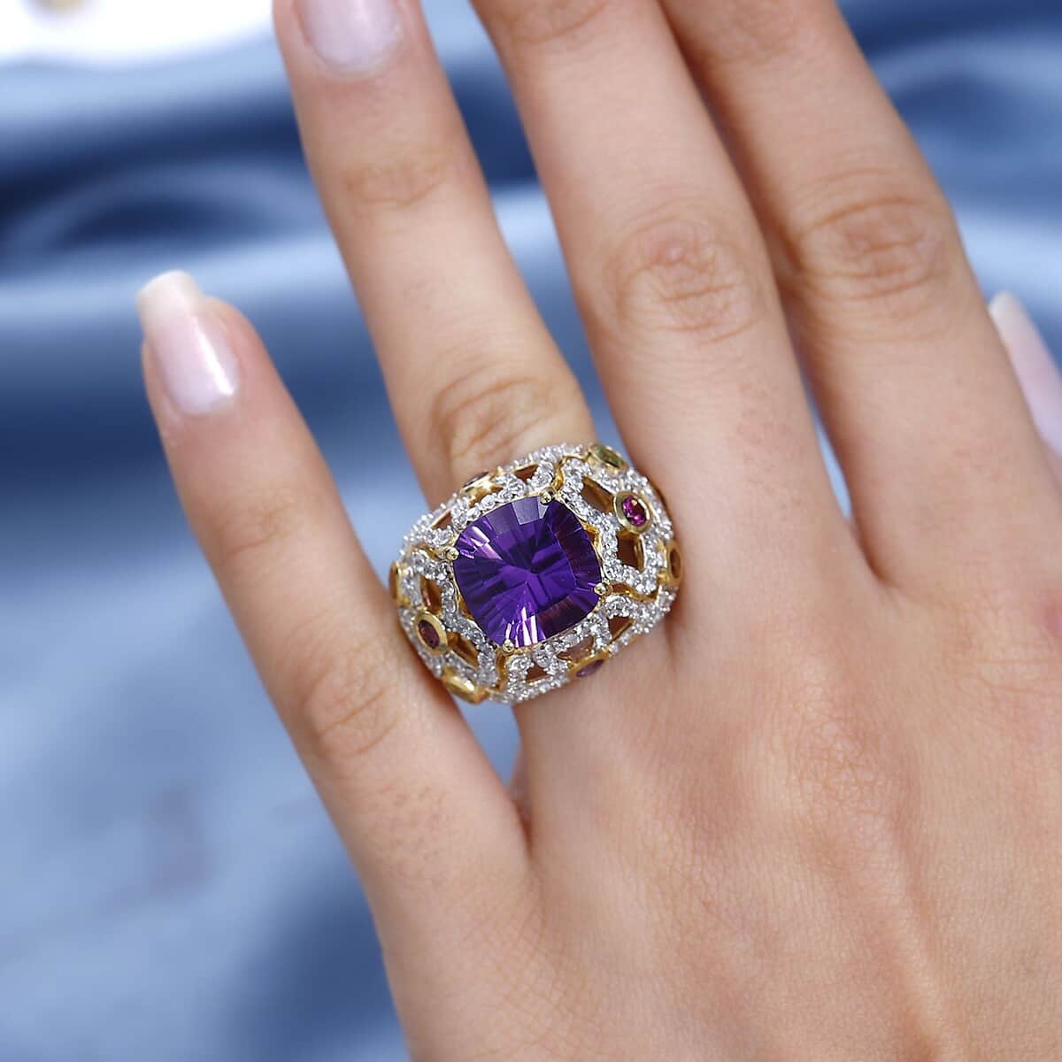 GP Italian Garden Collection AAA African Amethyst and Multi Gemstone Ring in Vermeil Yellow Gold Over Sterling Silver (Size 10.0) 9.80 ctw image number 2