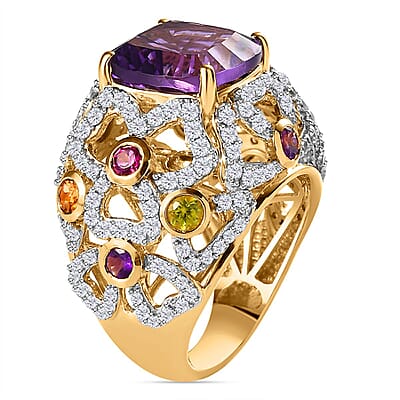 GP Italian Garden Collection AAA African Amethyst and Multi Gemstone Ring in Vermeil Yellow Gold Over Sterling Silver (Size 6.0) 9.80 ctw