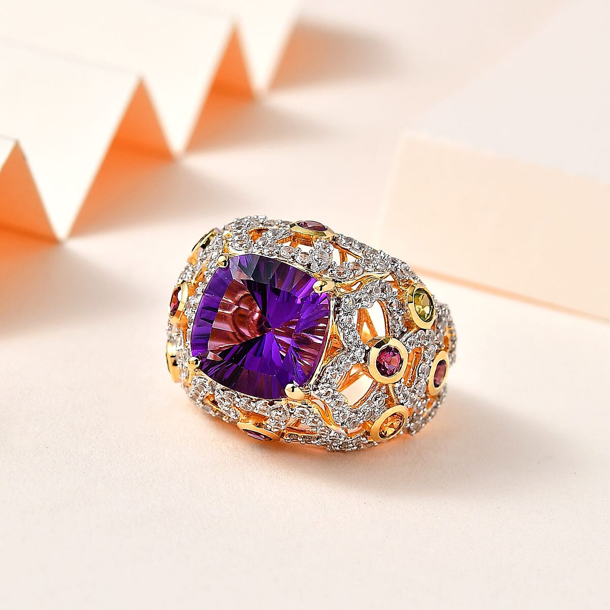 GP Italian Garden Collection AAA African Amethyst and Multi Gemstone 9.80 ctw Ring in Vermeil Yellow Gold Over Sterling Silver (Size 7.0) image number 1