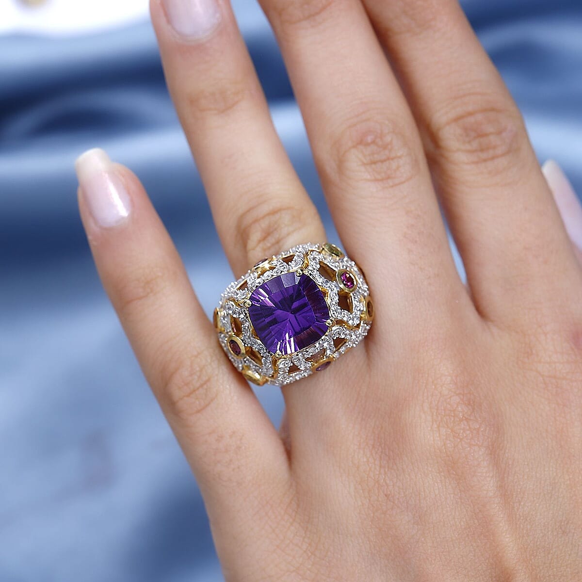 GP Italian Garden Collection AAA African Amethyst and Multi Gemstone 9.80 ctw Ring in Vermeil Yellow Gold Over Sterling Silver (Size 7.0) image number 2