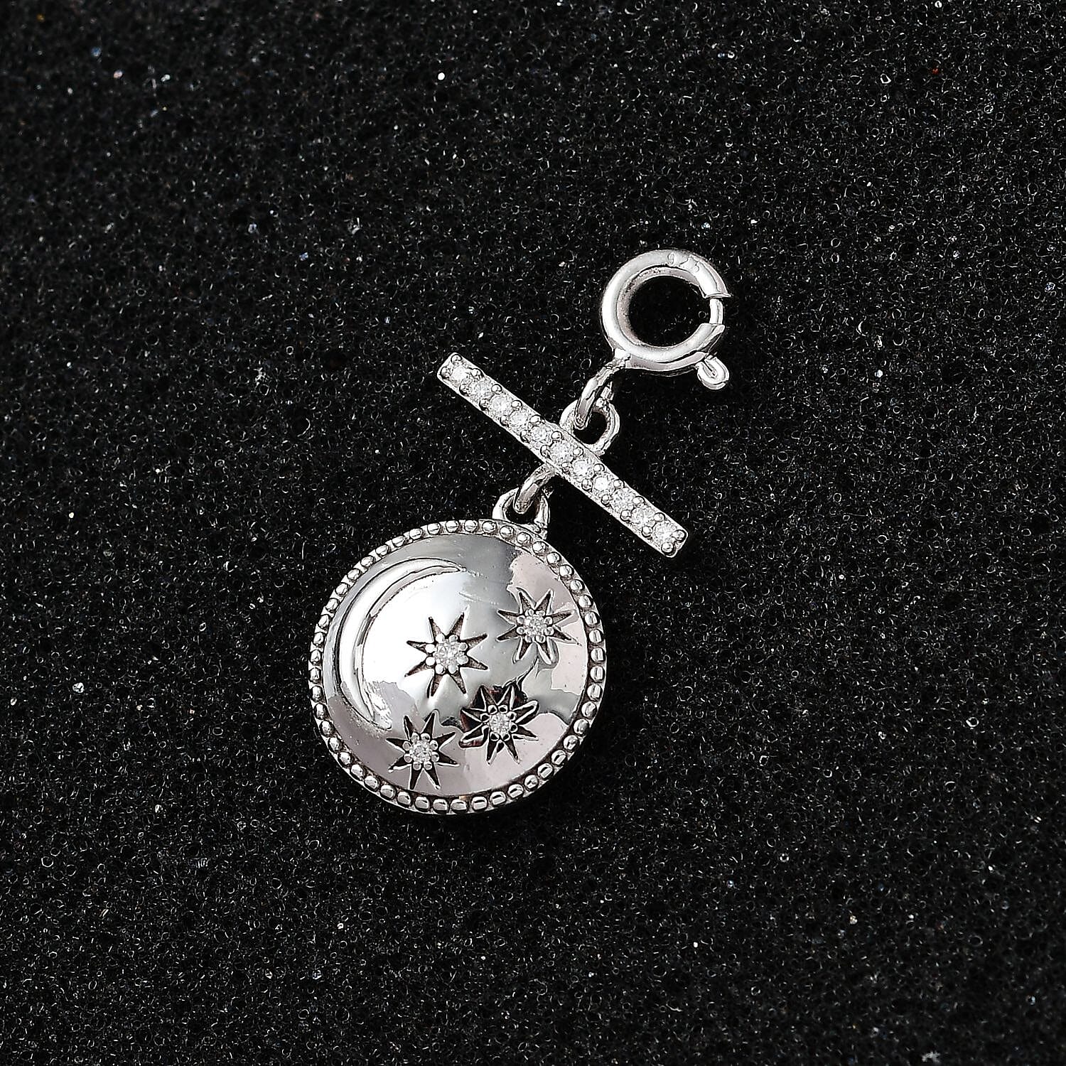 Moissanite Celestial Moon and Stars Coin Engraved Charm in Platinum Over Sterling Silver 0.15 ctw