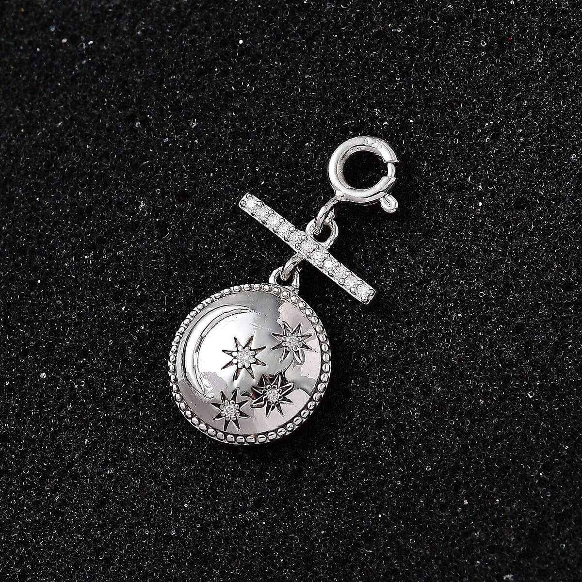 Moissanite Celestial Moon and Stars Coin Engraved Charm in Platinum Over Sterling Silver 0.15 ctw image number 1