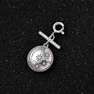 Moissanite Celestial Moon and Stars Coin Engraved Charm in Platinum Over Sterling Silver 0.15 ctw