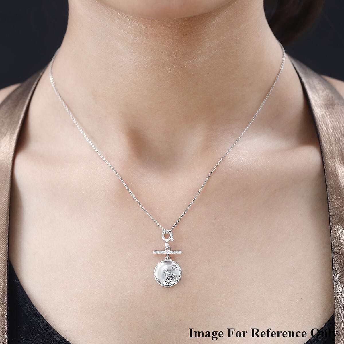 Moissanite Celestial Moon and Stars Coin Engraved Charm in Platinum Over Sterling Silver 0.15 ctw image number 2