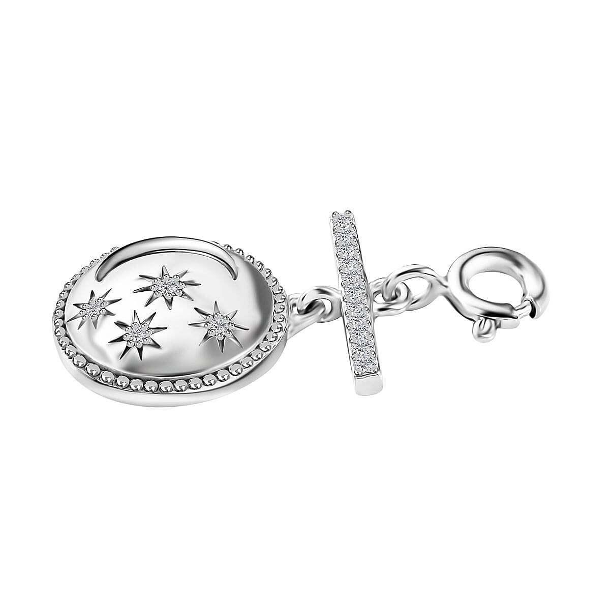 Moissanite Celestial Moon and Stars Coin Engraved Charm in Platinum Over Sterling Silver 0.15 ctw