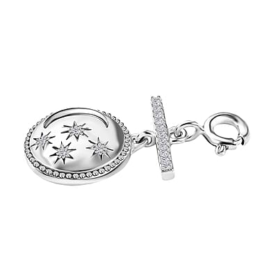 Moissanite Celestial Moon and Stars Coin Engraved Charm in Platinum Over Sterling Silver 0.15 ctw