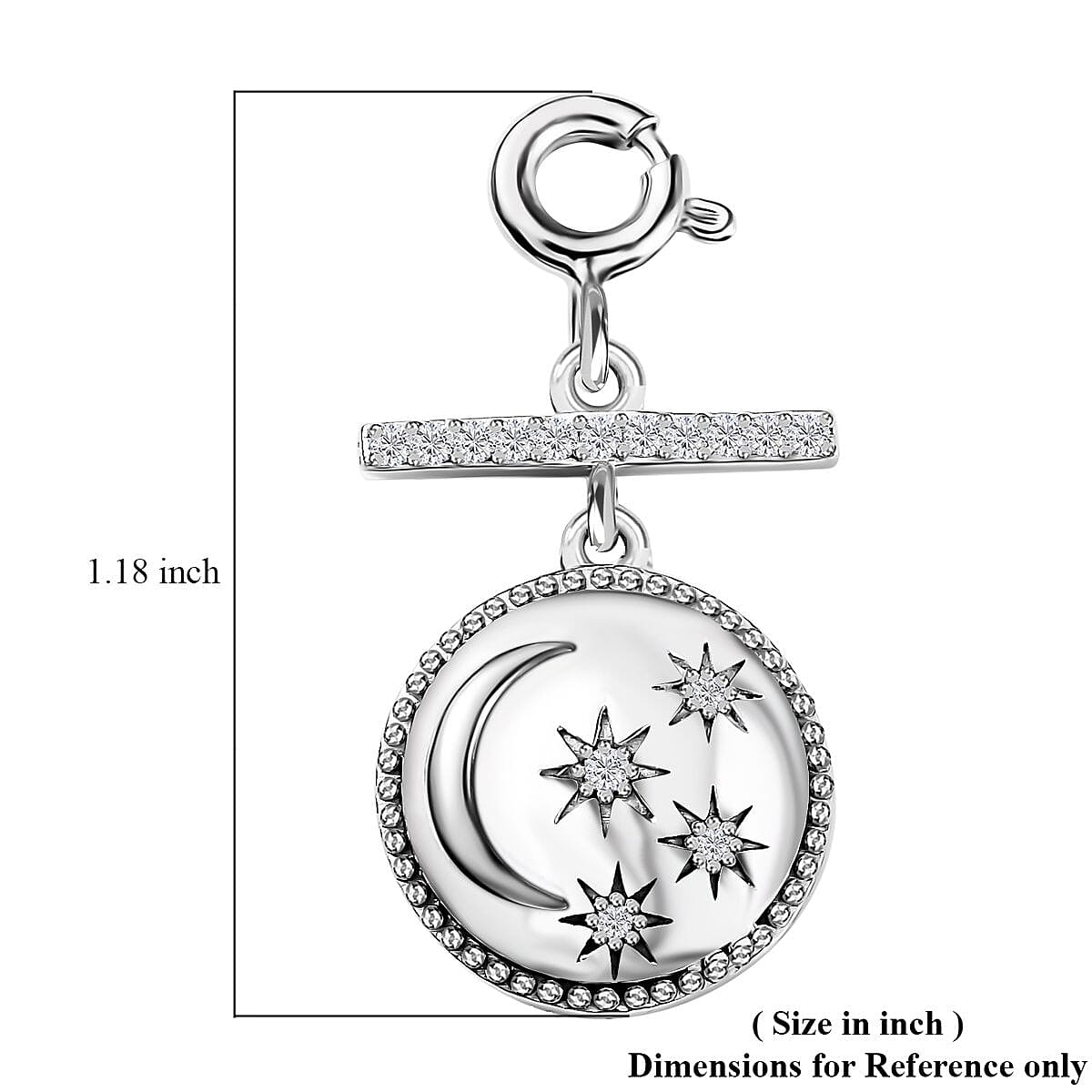 Moissanite Celestial Moon and Stars Coin Engraved Charm in Platinum Over Sterling Silver 0.15 ctw