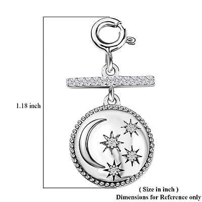 Moissanite Celestial Moon and Stars Coin Engraved Charm in Platinum Over Sterling Silver 0.15 ctw