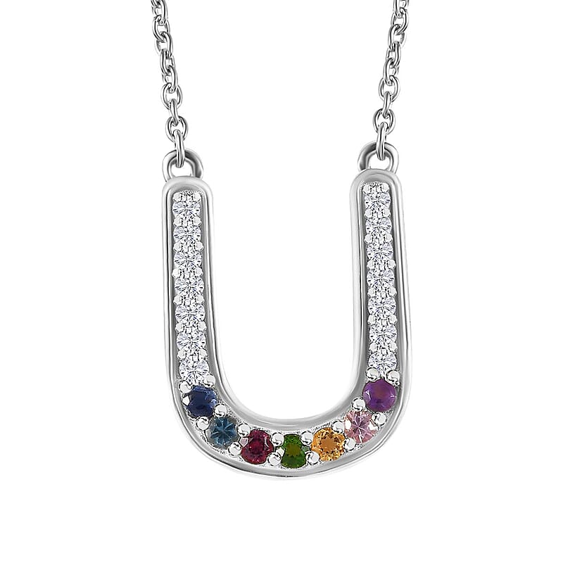 Multi Gemstone Rainbow Horseshoe Necklace 18 Inches in Platinum Over Sterling Silver 0.75 ctw