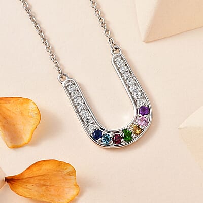 Multi Gemstone Rainbow Horseshoe Necklace 18 Inches in Platinum Over Sterling Silver 0.75 ctw