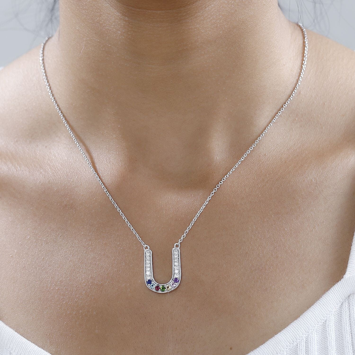 Multi Gemstone Rainbow Horseshoe Necklace 18 Inches in Platinum Over Sterling Silver 0.75 ctw