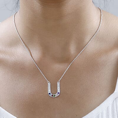 Multi Gemstone Rainbow Horseshoe Necklace 18 Inches in Platinum Over Sterling Silver 0.75 ctw