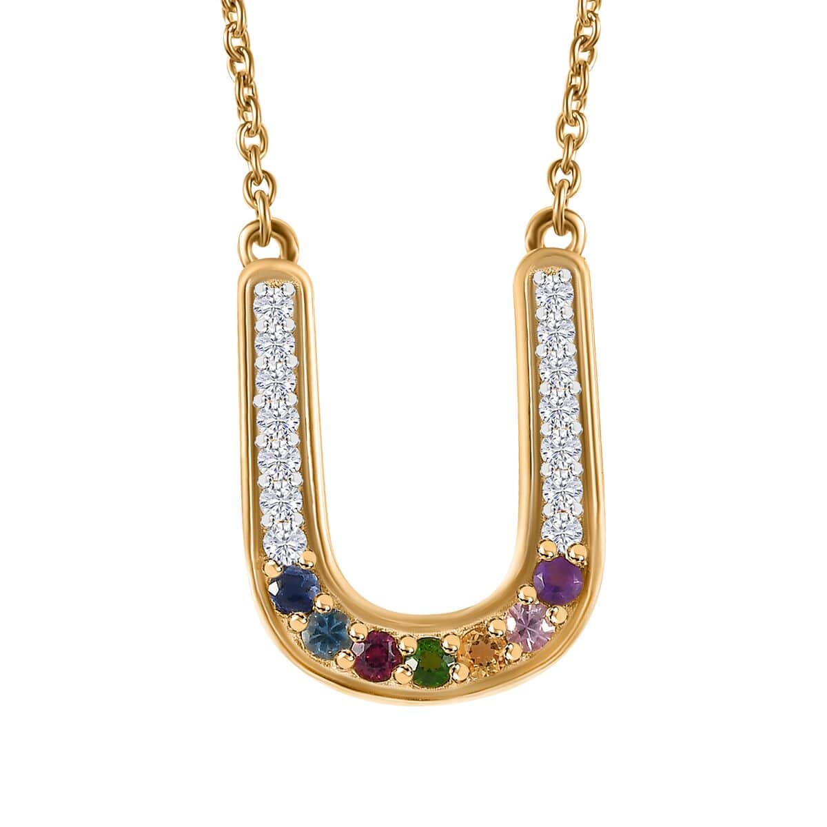 Multi Gemstone Rainbow Horseshoe Necklace 18 Inches in Vermeil Yellow Gold Over Sterling Silver 0.75 ctw image number 0