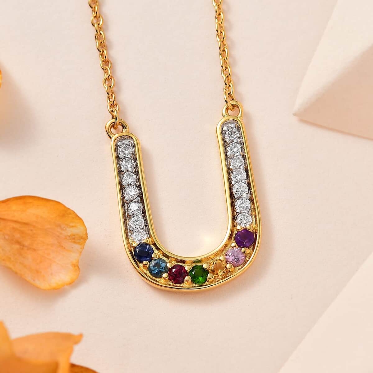 Multi Gemstone Rainbow Horseshoe Necklace 18 Inches in Vermeil Yellow Gold Over Sterling Silver 0.75 ctw image number 1