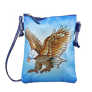 Vivid by Sukriti Blue Eagle Pattern Hand Painted Genuine Leather Crossbody Bag