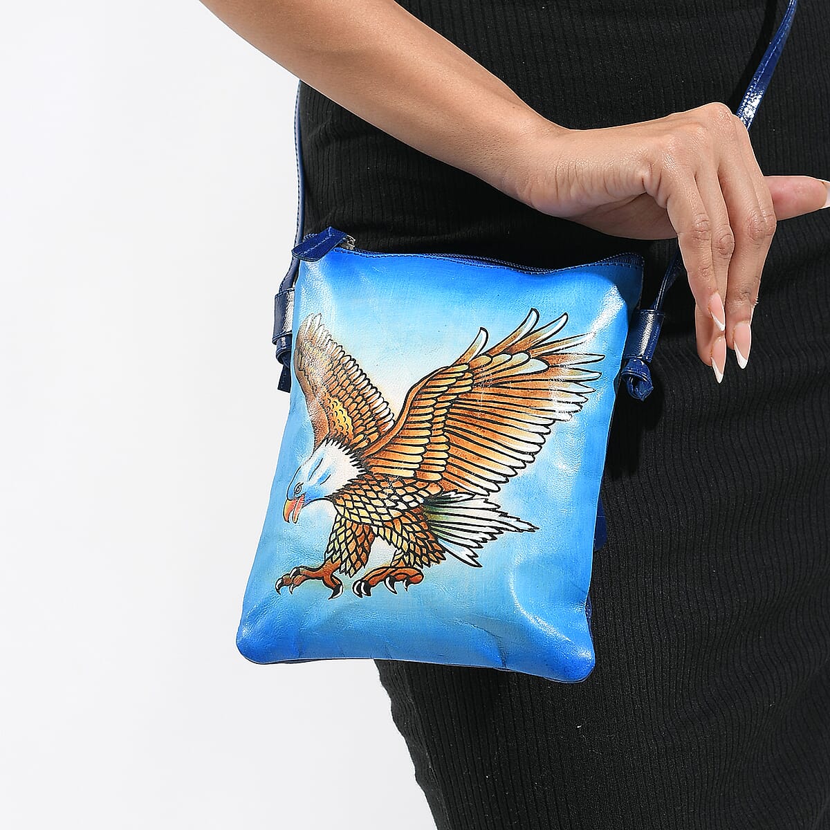 Vivid by Sukriti Blue Eagle Pattern Hand Painted Genuine Leather Crossbody Bag image number 2
