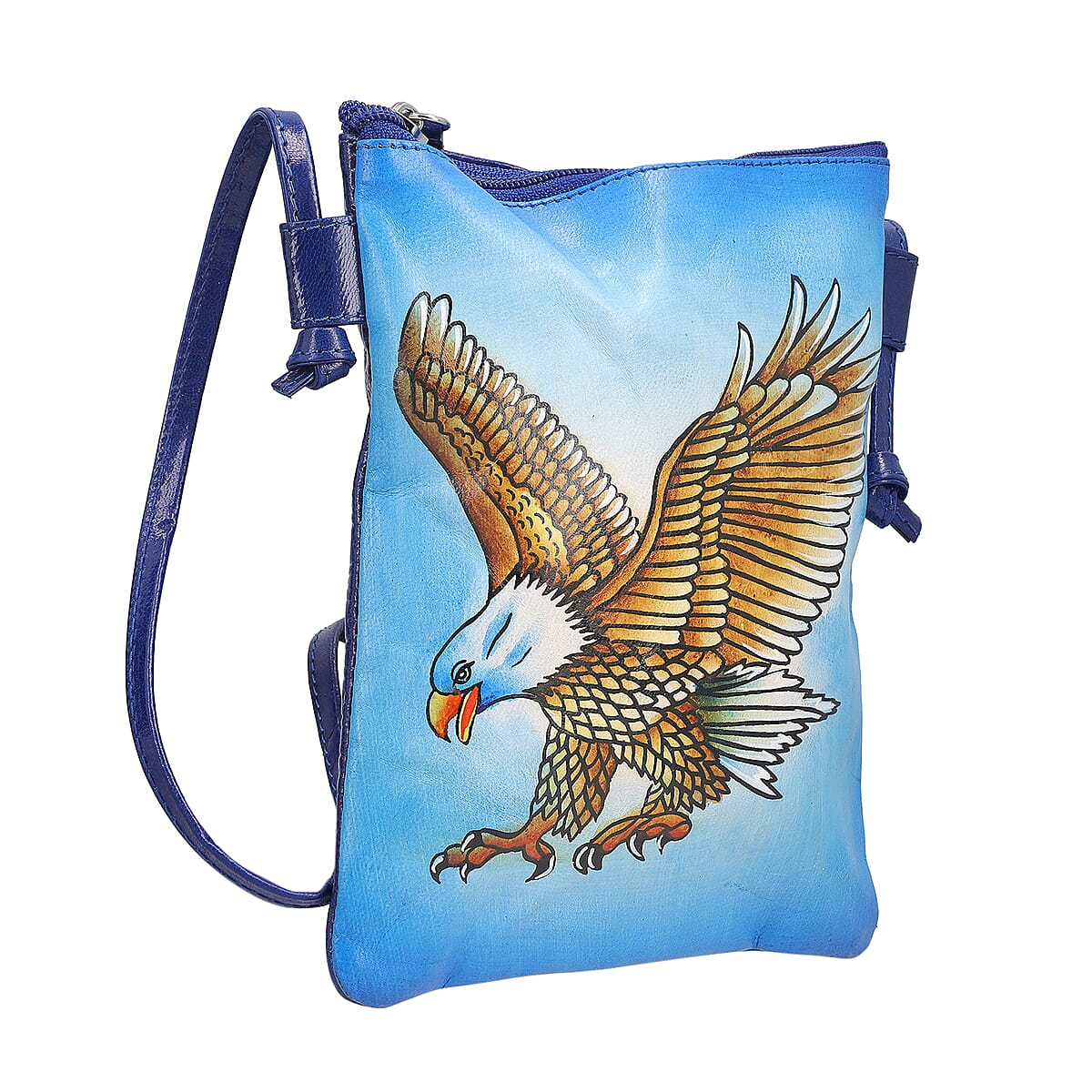 Vivid by Sukriti Blue Eagle Pattern Hand Painted Genuine Leather Crossbody Bag image number 3