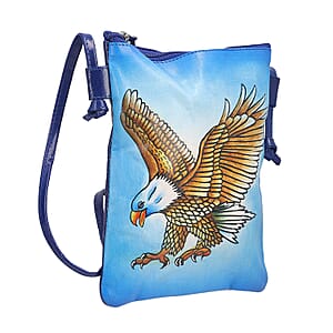Vivid by Sukriti Blue Eagle Pattern Hand Painted Genuine Leather Crossbody Bag