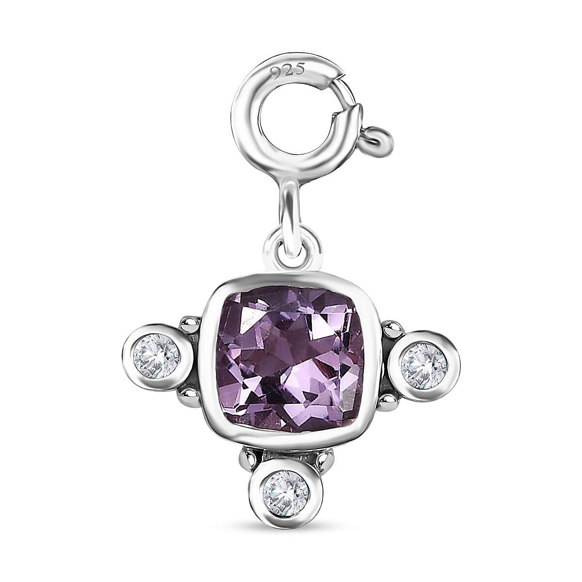 Rose De France Amethyst and Moissanite Medallion Charm in Platinum Over Sterling Silver 1.50 ctw