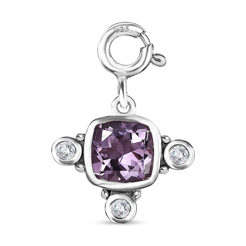 Rose De France Amethyst and Moissanite Medallion Charm in Platinum Over Sterling Silver 1.50 ctw