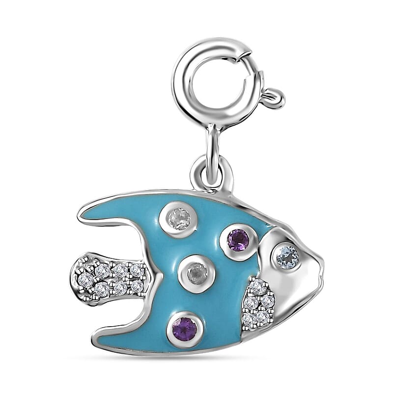 Multi Gemstone and Enameled Fish Charm in Platinum Over Sterling Silver 0.20 ctw