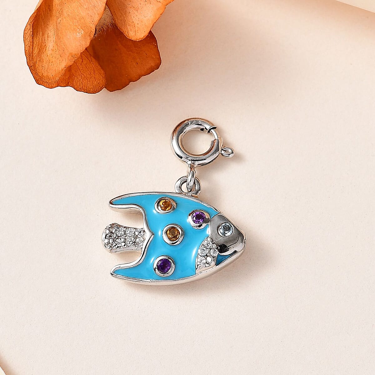 Multi Gemstone and Enameled Fish Charm in Platinum Over Sterling Silver 0.20 ctw image number 1