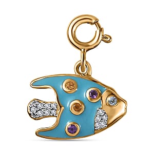 Multi Gemstone and Enameled Fish Charm in Vermeil Yellow Gold Over Sterling Silver 0.20 ctw