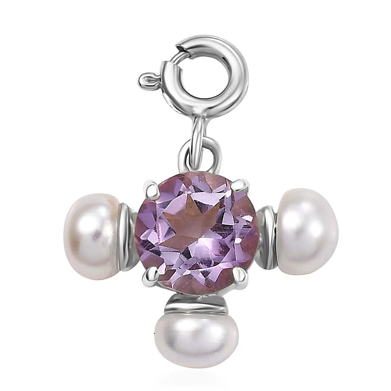 Rose De France Amethyst 1.20 ctw and Freshwater Pearl Charm in Platinum Over Sterling Silver
