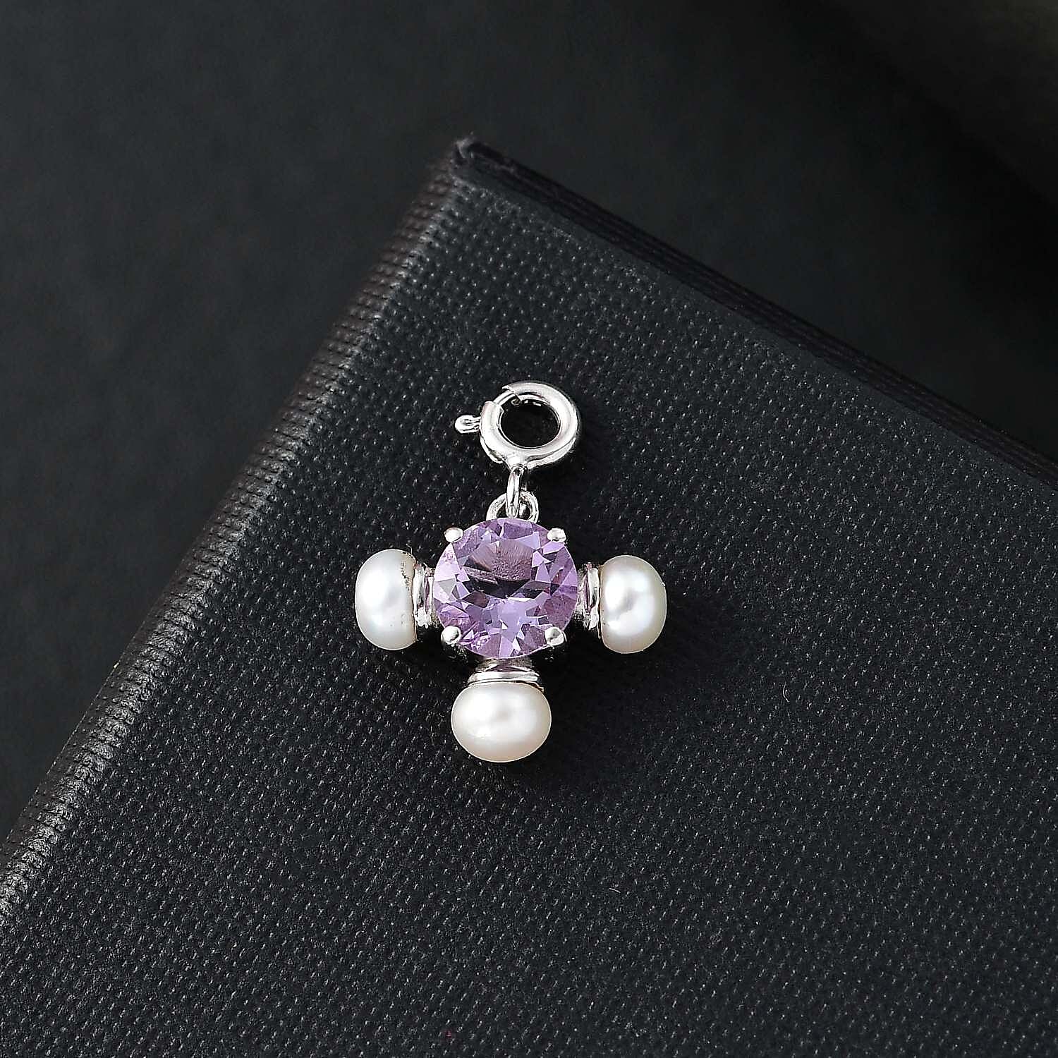 Rose De France Amethyst 1.20 ctw and Freshwater Pearl Charm in Platinum Over Sterling Silver