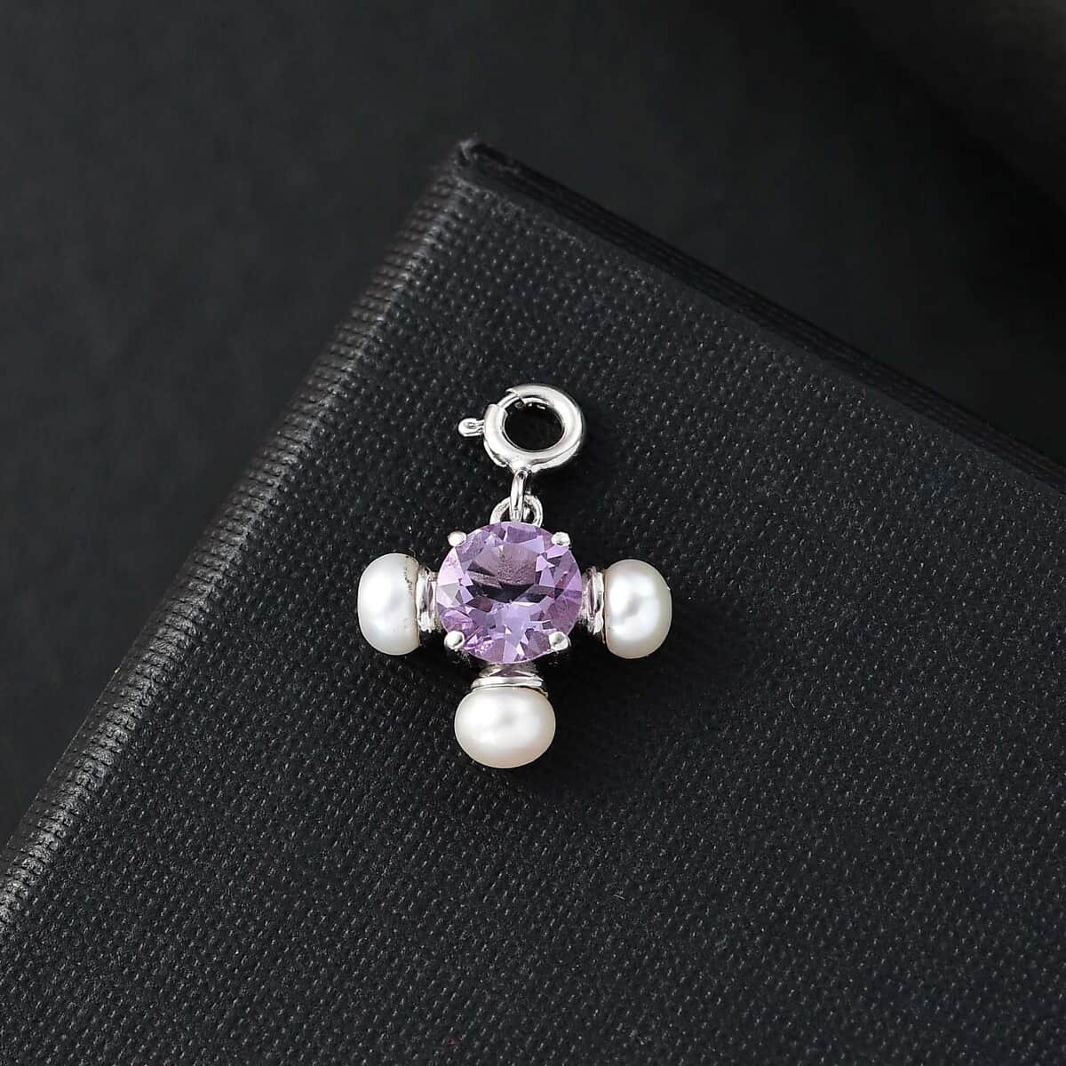 Rose De France Amethyst 1.20 ctw and Freshwater Pearl Charm in Platinum Over Sterling Silver image number 1