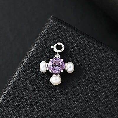 Rose De France Amethyst 1.20 ctw and Freshwater Pearl Charm in Platinum Over Sterling Silver
