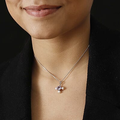 Rose De France Amethyst 1.20 ctw and Freshwater Pearl Charm in Platinum Over Sterling Silver